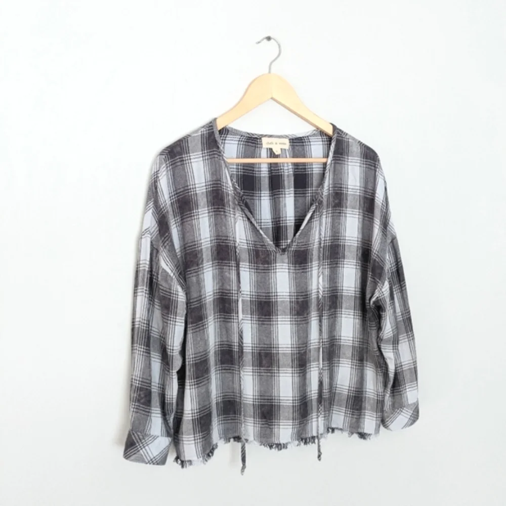 Anthropologie Cloth & Stone Grey Plaid Peasant Top - Picture 10 of 10